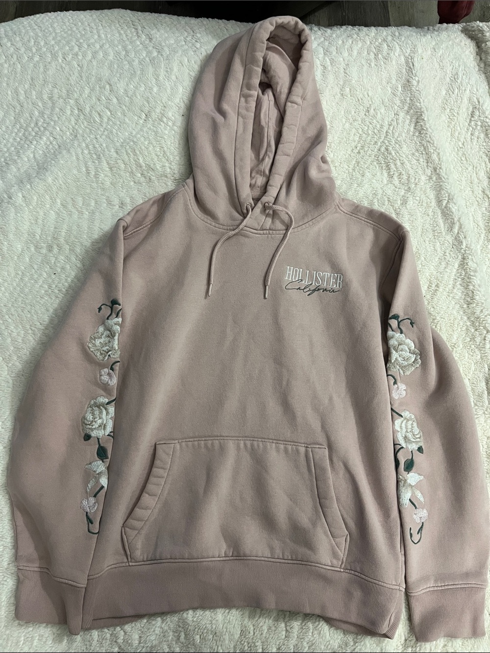 Hollister Dusty Pink Hoodie with White Floral Sleeve Embroidery